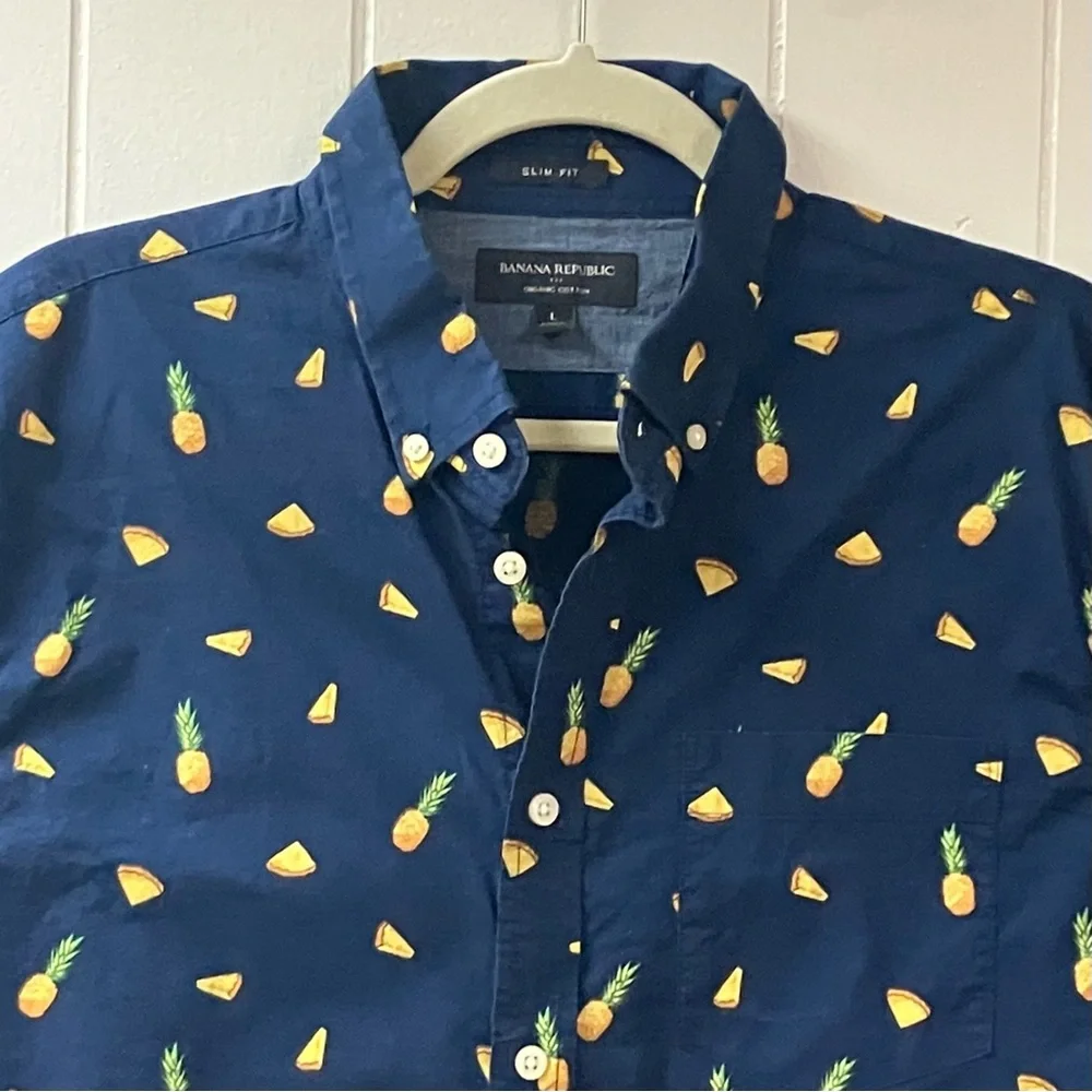 Banana Republic Pineapple Print Organic Cotton Shirt Mens Large Slim Fit Navy